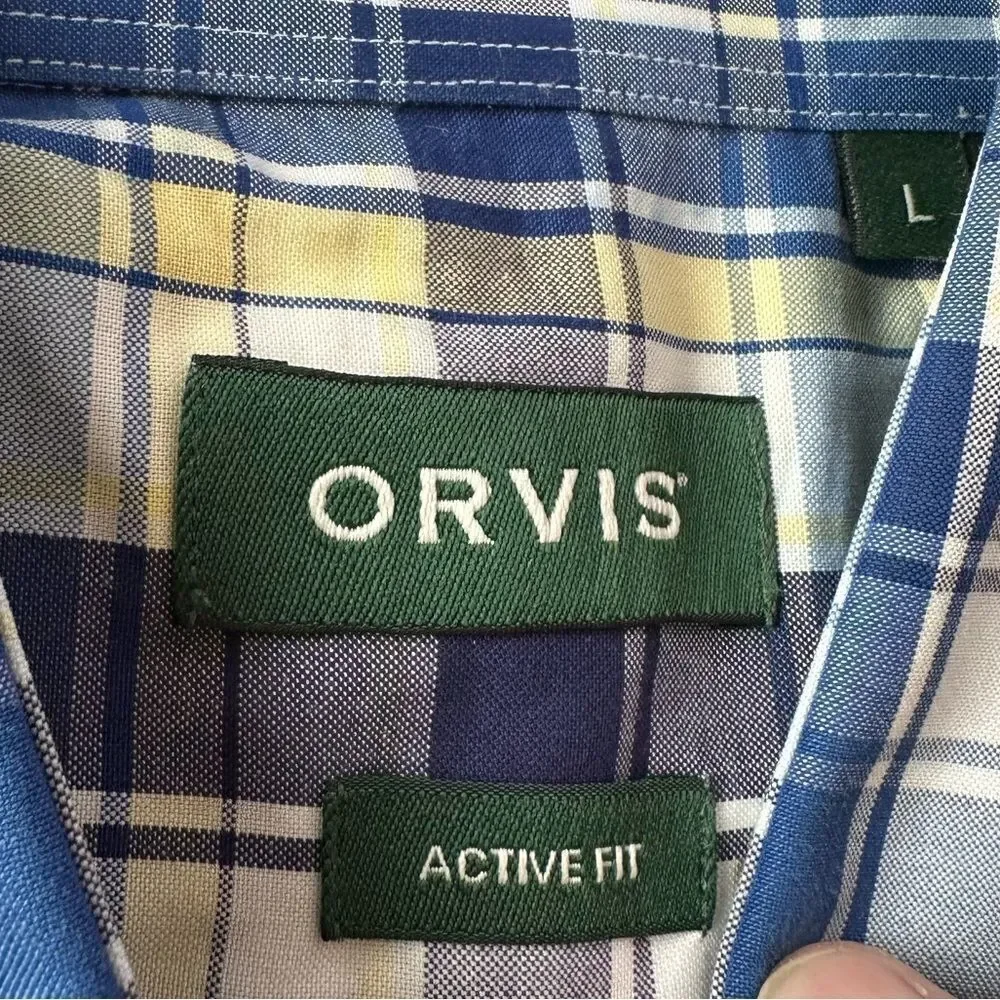 Orvis Active Fit Wrinkle Free SS Yellow & Blue SS Shirt in Size Large - Picture 2 of 7